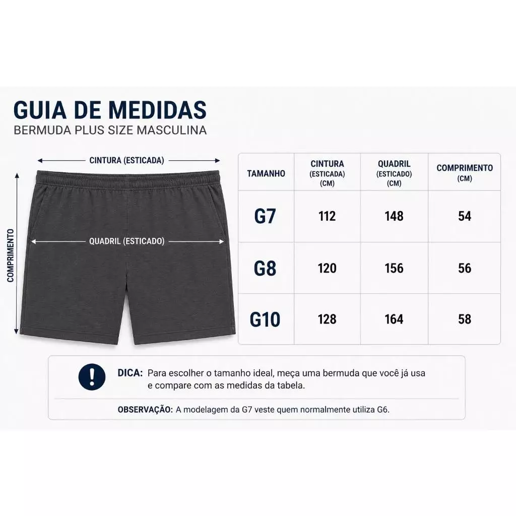 Guia de medidas da bermuda plus size masculina MVL Store, do G7 ao G10, em centímetros